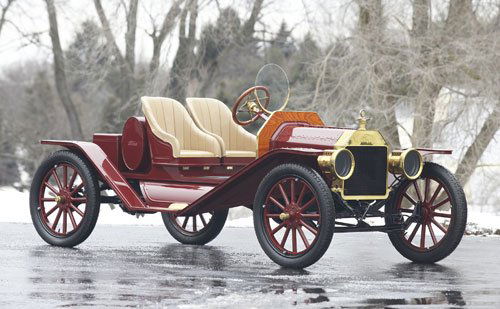 1912 Ford Model T Speedster: This fully restored, Brass Era Speedster has a later Model T engine and is equipped with a starter, generator, and distributor. Additional notable features include brass headlamps, carbide generator,