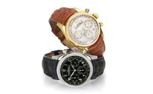 2 ECURIE FRANCORCHAMPS WATCHES BY GIRARD-PERREGAUX: A pair of commemorative watches both engraved: Ecurie Francorchamps 1951-2001 with Jacques Swaters facsimile signature, the one in gold: ref.4945, OJ No.01/10, the other in stainless steel: ref. 4946,