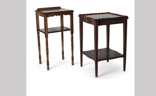 Wood End Tables: These two attractive wood end tables are a study in contrasts. While one features turned legs and a lighter finish, the other displays straight, tapered legs and a darker finish. Both are offered in g