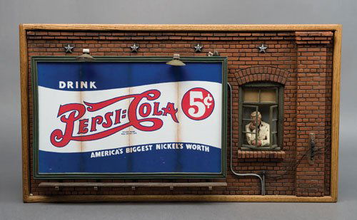Wall Sculpture: 36x20 inches. A unique piece from the Michael Garmin Collection, this three-dimensional wallmounted sculpture depicts a vintage Pepsi-Cola billboard and a gentleman leaning out a window. The tiny ligh