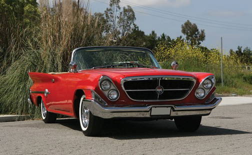 1961 Chrysler 300G Convertible: Chassis #: 8413191458375 bhp, 413 cu. in. “Golden Lion” wedge-head V-8 engine with tuned cross-ram intake and dual four-barrel carburetors, A-727 TorqueFlite three-speed push button