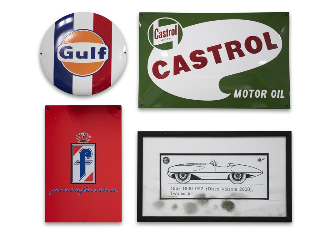 Gulf, Castrol, Pininfarina Tin Painted Signs, and Alfa Romeo Disco Volante Framed Picture (1 of 3)