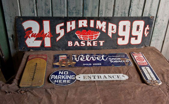 Signs: Shrimp Basket, Velvet Tobacco, Red Seal Thermometer, Entrance Sign, No Parking Sign, RC Cola Sign