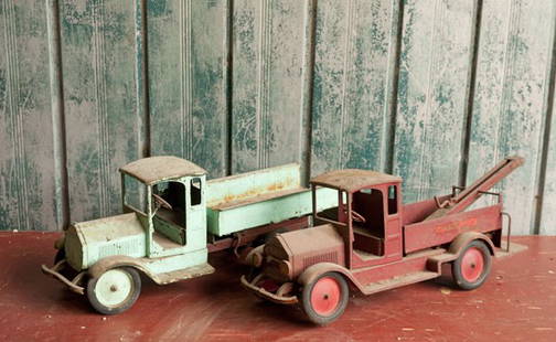 Pressed Steel Trucks: Two Sturdytoy trucks, one wrecker and one dumptruck.