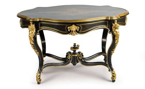 Napoleon III Center Table: OFFERED WITHOUT RESERVEGilt-bronze mounted brass-inlaid ebonized table. Serpentine-shaped oval top with brass stringing and molded border, above a brass inset frieze fitted with a drawer, on scrolled