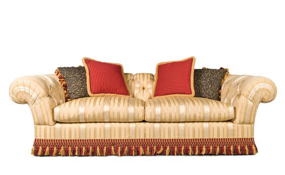 Pair of Elegant Button-Tufted Upholstered Settees: OFFERED WITHOUT RESERVE Manufactured by Beverly, each with a scrolled back continuing around to the arms, upholstered in a blended cotton and moiré silk striped fabric, with a cable-twist fringed
