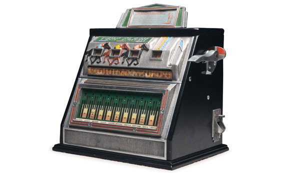 "Turf Flash" Penny Gumball Horse Racing Slot: OFFERED WITHOUT RESERVE Show, Place or Win! Delightful penny-operated machine is a fun novetly gumball dispenser and allows the player to bet on which horse will be first, second and third. Includes a