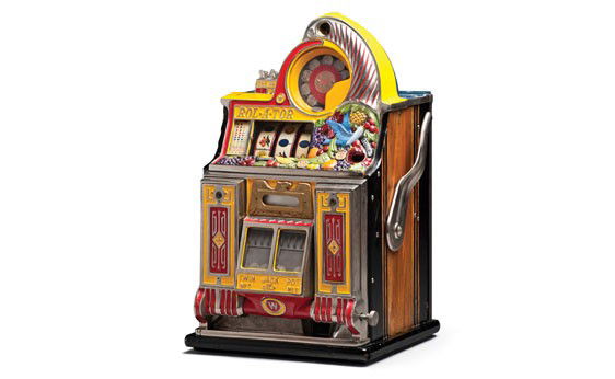 Watling Rol-A-Top 25-Cent Slot Machine: OFFERED WITHOUT RESERVE Known as the "Bird of Paradise" slot machine. Wood cabinet appears to be original and correct, as does the locking metal back. Includes a custom oak base with brass f