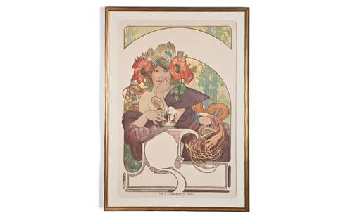 "La Meuse" by Alphonse Mucha: OFFERED WITHOUT RESERVECirca 1897. Lithograph (Bières de la Meuse Affiche) in colors by Alphonse Mucha (Czech, 1860 – 1939), signed stamped, printer Imp. F. Champenois. Paris. Purchased from