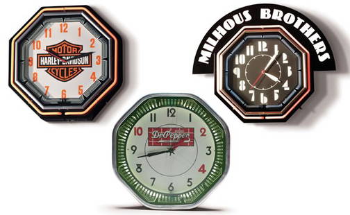 Three Assorted Clocks: OFFERED WITHOUT RESERVE Milhous Brothers Neon Clock Neon; octagon-shaped custom-made clock with the Milhous Brothers name. Modeled after a 1930s Art Deco clock. Very nice overall condition, newer cons