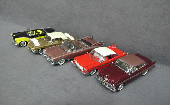 088N: Five (5) 1/24 Scale Danbury Mint Cars: Five (5) 1/24 Scale Danbury Mint Cars - 1956 Desoto Sportsman Coupe New in Box, Christine 1958 Plymouth Fury New in Box, 1959 Cadillac Eldorado Biarritz New in Box, 1959 Ford Thunderbird New in Box, 1