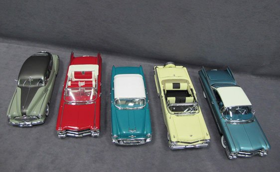 Five (5) 1/24 Scale Danbury Mint Cars: Five (5) 1/24 Scale Danbury Mint Cars - 1959 Cadillac Coupe Deville, 1957 Mercury Turnpike Cruiser Convertible, 1955 Oldsmobile Super 88 Convertible, 1959 Cadillac Series 62, 1948 Buick Roadmaster Cou