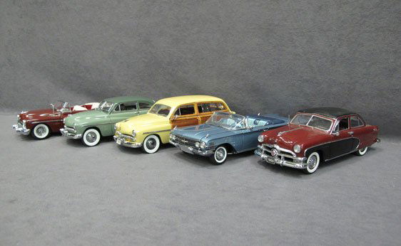 Five (5) 1/24 Scale Danbury Mint Cars: Five (5) 1/24 Scale Danbury Mint Cars - 1950 Ford Crestliner, 1960 Chevrolet Impala Convertible, 1949 Mercury Station Wagon, 1949 Mercury Coupe, 1953 Buick Skylark Convertible.