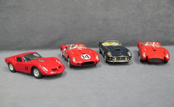 Three (3) 1/14 Scale and One (1) 1/18 Scale Pezzi: Three (3) 1/14 Scale and One (1) 1/18 Scale Pezzini Model Cars - 1958 Ferrari Testarossa, Ferrari 250 SWB, 1958 Ferrari Testarossa, 1/18 Scale Ferrari.