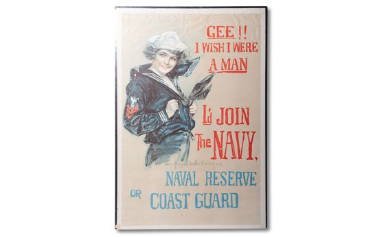 Naval Reserve or Coast Gaurd Recruitment Poster: OFFERED WITHOUT RESERVE 27"x41"; Shipping Class: 6F. "Gee!! I wish I were a man, I’d join the Navy." Image by Howard Chandler Christy in 1918. Complete with plastic cover. Bo