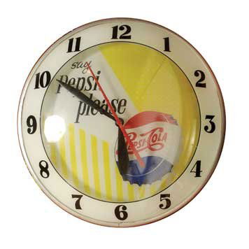 2105-Illuminated Pepsi-Cola Clock: Say "Pepsi, pl: Attractive and collectible example of a double bubble clock. Bright, beautiful finish thanks to a fired on enamel surface.Clock face is bright and free of notable flaws. Graphics on face are very appe