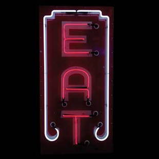 2334-Eat Neon: Originally from Oklahoma.Finish, colors are bright and glossy. Surface is free of flaws save one minor chip at a mounting screw. Edges show minor chipping. Very nice example.Sides: