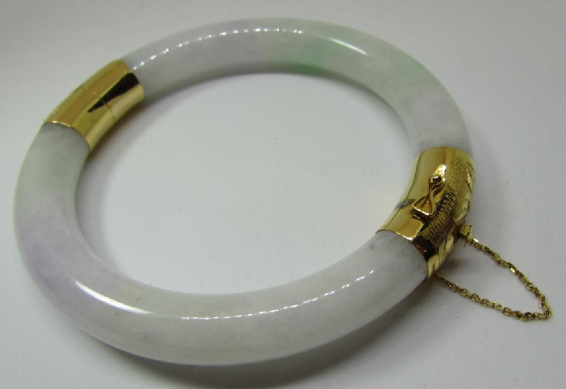 VARIEGATED JADE / JADEITE 14K GOLD BANGLE BRACELET: MULTI-COLOR LAVENDER, WHITE & GREEN. 8.9MM WIDE WITH 2 3/8 INCH INSIDE DIAMETER. 14K YELLOW GOLD, OPENS FOR EASY ON AND OFF. WEIGHS 42.4 GRAMS. (USA SHIPPING $10)