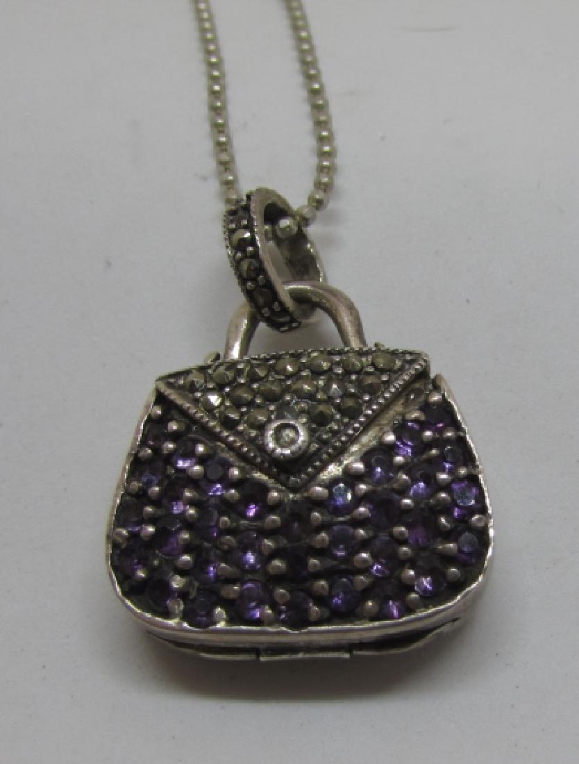 AMETHYST MARCASITE LOCKET STERLING SILVER NECKLACE: PURPLE STONE & MARCASITE ENCRUSTED LOCKET, 1" X 7/8" WITH AN 18" LONG STERLING SILVER NECKLACE. (USA SHIPPING $5)