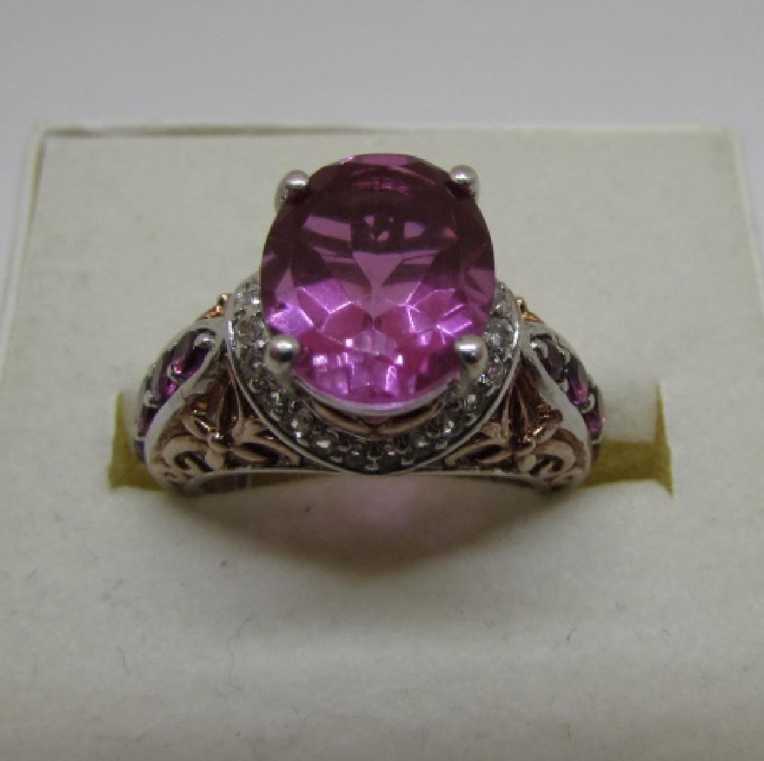 CZ PINK SAPPHIRE RUBY STERLING SILVER RING SIZE 6: DESIGNER ROSE GOLD ON STELING SILVER 2CT PINK RED & CLEAR STONES. MARKED "GTS". (USA SHIPPING $5)