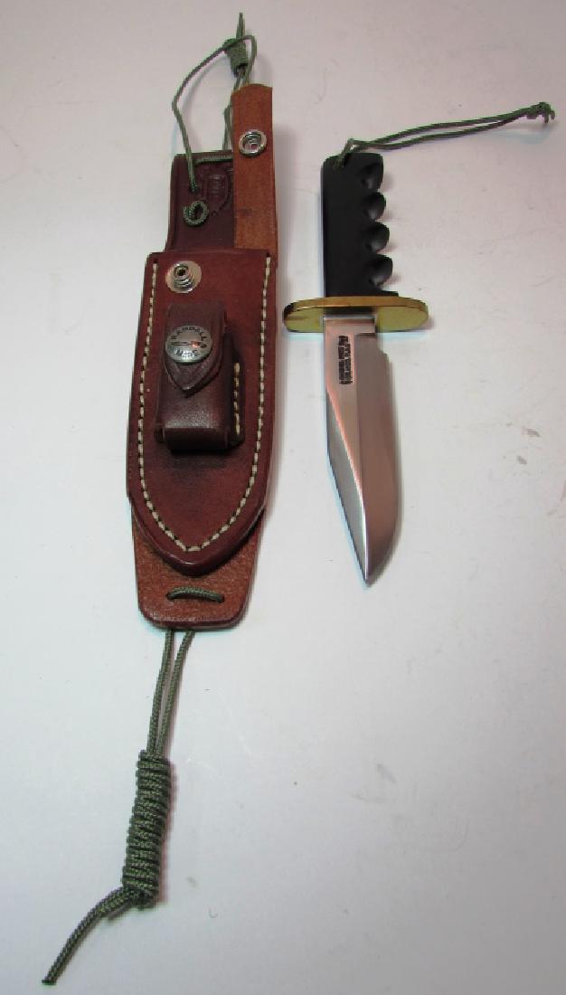 RANDALL 970 KNIFE MINT w LEATHER SHEATH STONE: RANDALL KNIVES MODEL 970 FIXED BLADE KNIFE. 3 11/16" BLADE, 6 5/8" OVERALL. BRASS HILT, MICARTA HANDLE. INCLUDES LEATHER SHEATH, SHARPENING STONE. VERY SHARP.