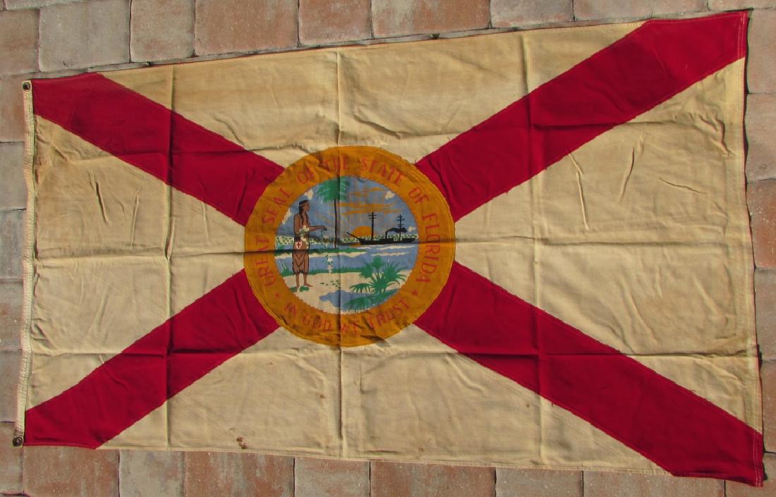 US FLORIDA FLAG STATE GREAT SEAL SHERRITT: US VINTAGE OR ANTIQUE FLORIDA GREAT SEAL COTTON FLAG. 5' x 3'. UNION MADE, SHERRITT, RICHMOND VA.