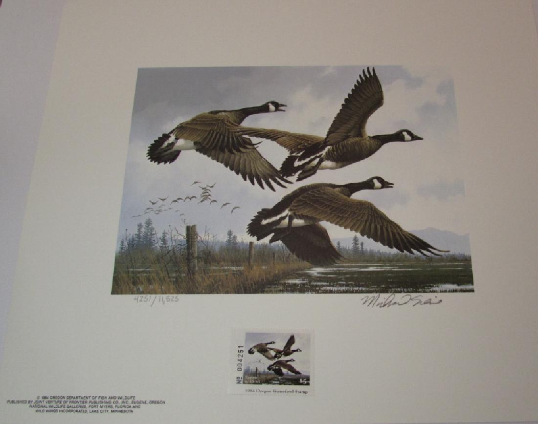 3 DUCK PRINT STAMP FOLIO SETS US OR NJ CANADA 1984: FIRST OF STATE NEW JERSEY 1984 CANVASBACK WATERFOWL 2 STAMPS (009597) & HAND SIGNED TOM HIRATA PRINT (9597 /10011) HAS TAPE MARKS. PLUS MINT: FIRST OF STATE OREGON 1984 WATERFOWL STAMP (004251) & HAND