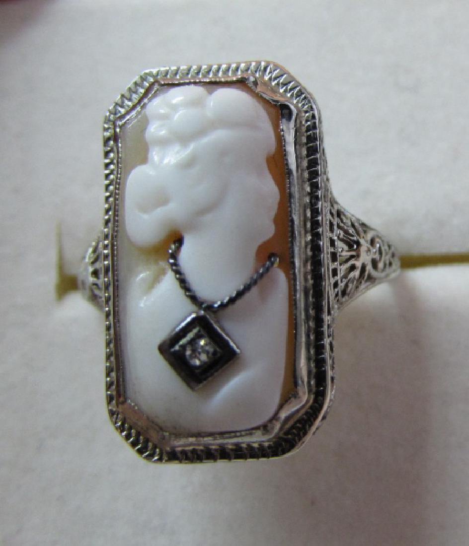 CAMEO DIAMOND FILIGREE RING 14K GOLD EDWARDIAN: FABULOUS CONDITION ANTIQUE. TOP 21MM X 12MM. SIZE 6 3/4. WHITE GOLD 3.3 GRAMS. BEAUTIFUL DETAIL WORK. (USA SHIPPING $10)