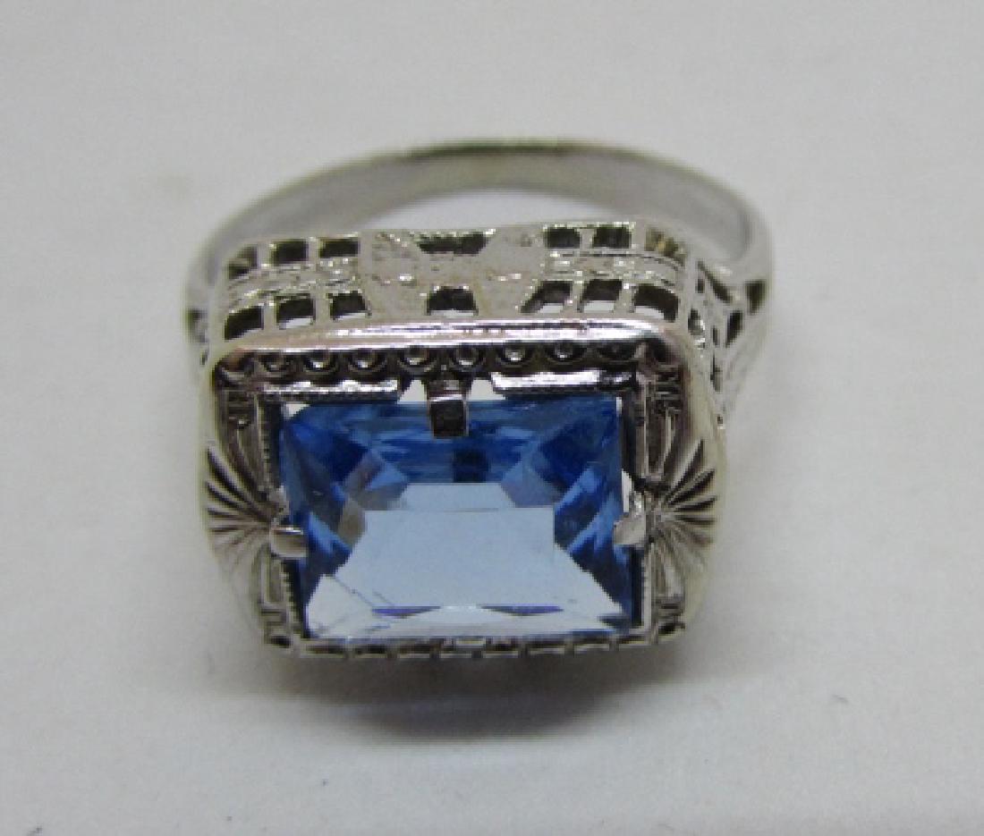 BLUE TOPAZ FILIGREE RING 14K WHITE GOLD EDWARDIAN: EXCELLENT CONDITION DETAILED ANTIQUE. TOP 13MM X 10MM. WHITE GOLD 2.8 GRAMS. SIZE 4 3/4. (USA SHIPPING $10)