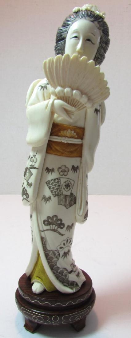 ANTIQUE BONE GEISHA GIRL POLYCHROME W FANS: 7 1/2" TALL FINELY CARVED LADY OKIMONO FIGURE STATUE, PLUS 1" BASE. PAYMENT VIA CHECK OR MONEY ORDER ONLY. NO SHIPPING TO NY, NJ OR CA. IMPORTANT: Bidding may not be accepted through LiveAuctioneers. 