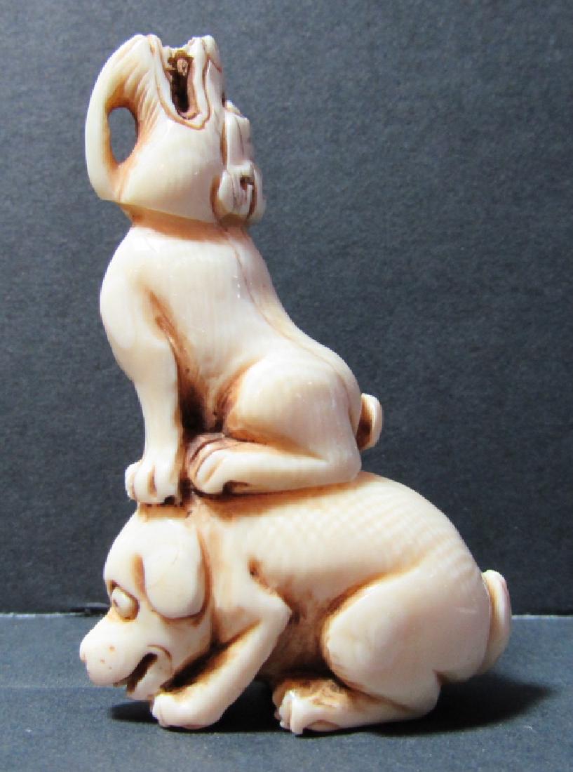 ANTIQUE SIGNED BONE NETSUKE MEIJI PERIOD JAPANESE: CARVED KATABORI STATUE FIGURE OF ASIAN MYTHICAL CREATURE ON DOG, HIKYU. 2 1/8" TALL. WEIGHS 17 GRAMS. PAYMENT VIA CHECK OR MONEY ORDER ONLY. NO SHIPPING TO NY, NJ OR CA. IMPORTANT: Bidding may not be