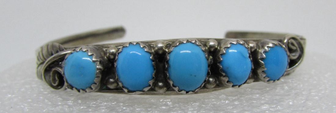 LIVINGSTON TURQUOISE STERLING SILVER BRACELET CUFF: NAVAJO NATIVE AMERICAN SIGNED STERLING J, JASON LIVINGSTON. WILL FIT ANY SIZE. 10MM WIDE WITH 5 BLUE GEMSTONES. (USA SHIPPING $8)