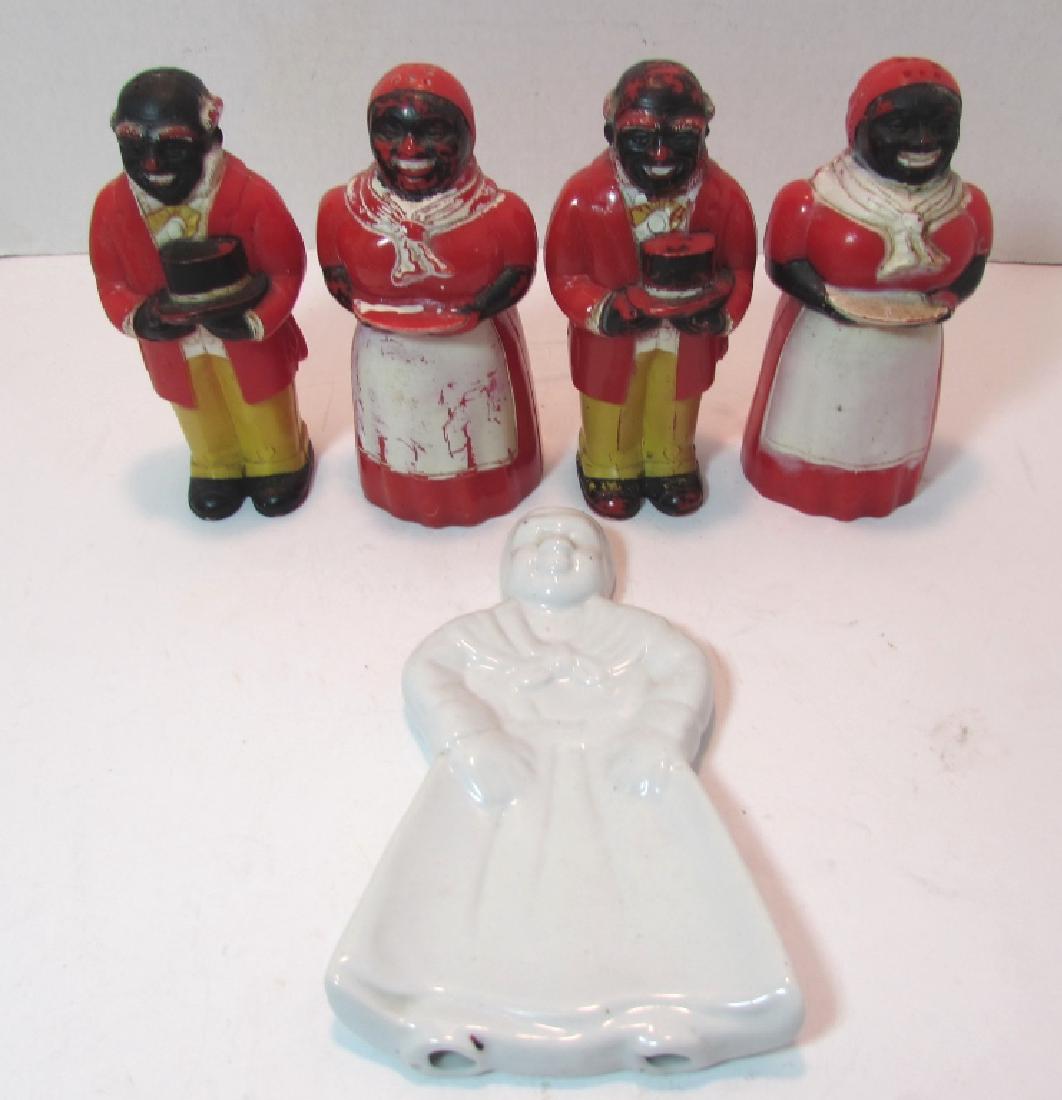 AUNT JEMIMA & UNCLE MOSES LOT BLACK AMERICANA: 2 SETS OF SALT & PEPPER SHAKERS & PORCELAIN SPOON REST. 5" - 6.75" TALL.
