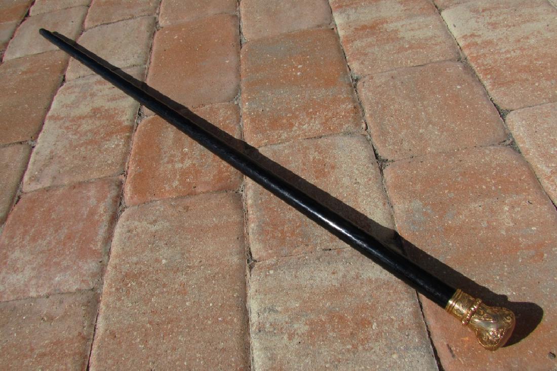 ANTIQUE RGP EBONY PRESENTATION CANE WALKING STICK: VICTORIAN 14k ROLLED GOLD OVERLAY HANDLED EBONY WOOD WALKING CANE. NO MONO. 35.5" TALL.