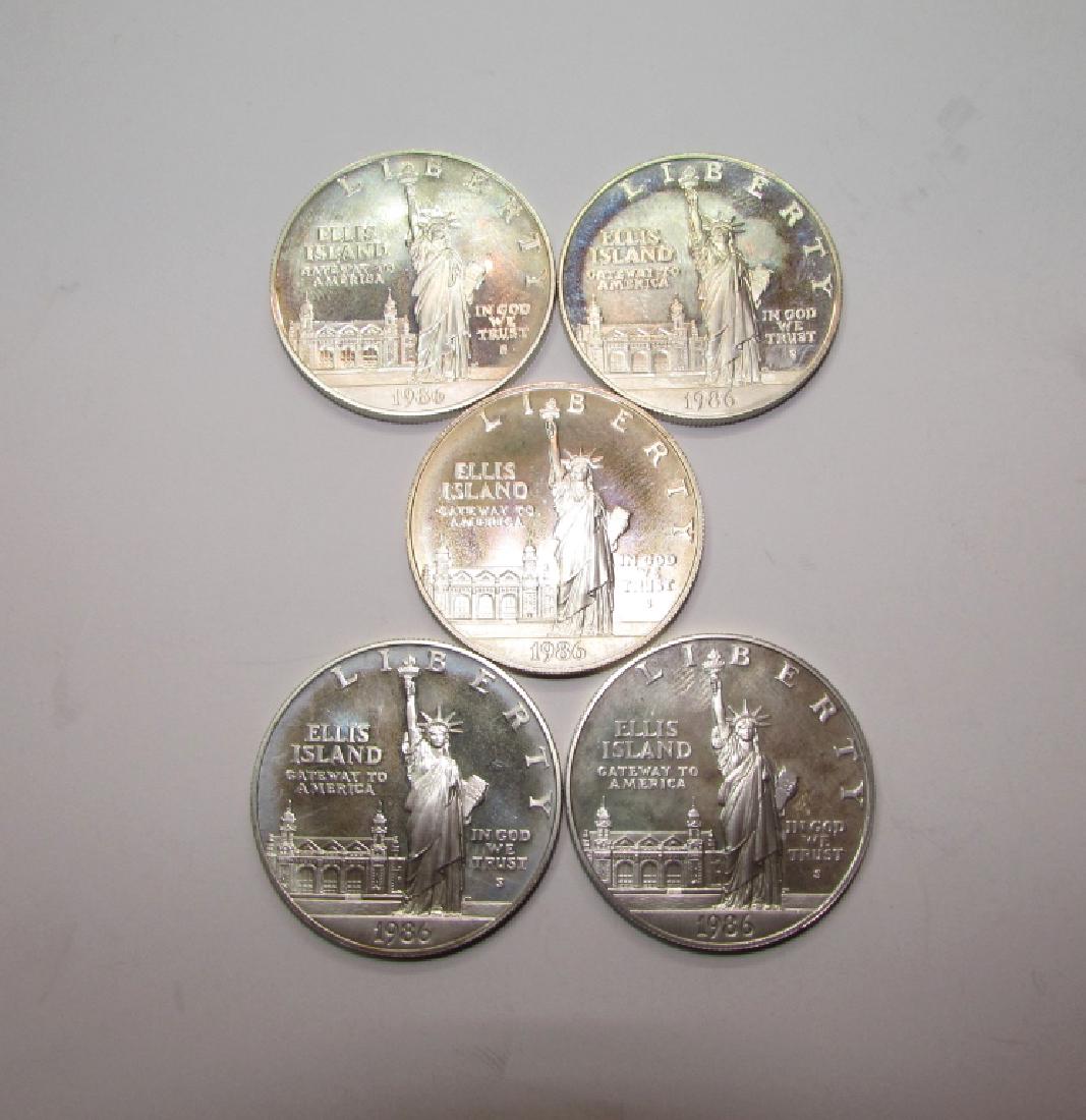 5 SILVER PROOF 1986 S DOLLARS ELLIS ISLAND LIBERTY: LOT OF 5 PROOF SILVER '86 ELLIS IS, STATUE OF LIBERTY. S MINT MARK..