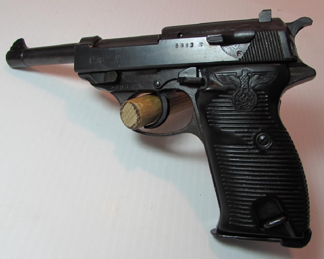 1943 MAUSER P38 9mm PISTOL PARTY GRIPS HANDGUN: '43 MAUSER P-38 NAZI PARTY HAND GUN w/ PROOFS. 5" BARREL, MATCHING NUMBERS. SINGLE/DOUBLE ACTION. Ser. #5883
