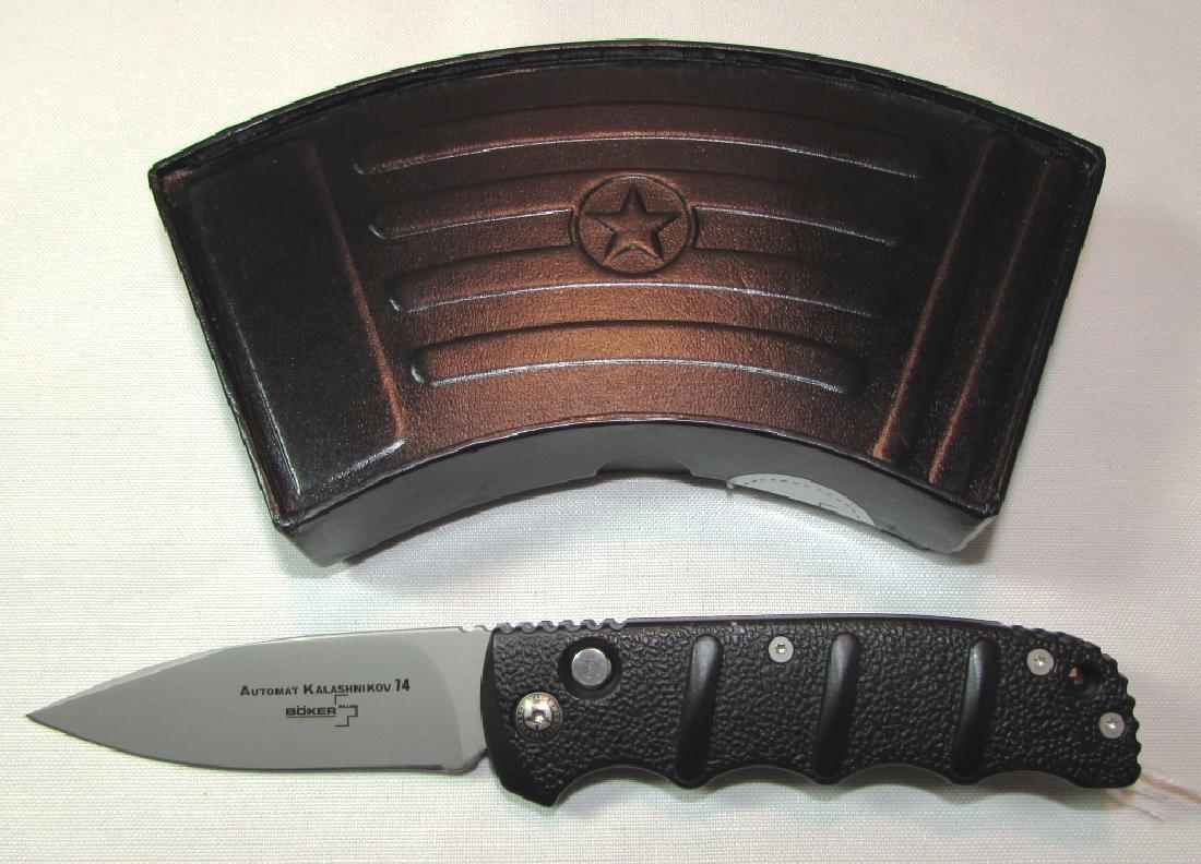 BOKER KALISHNIKOV 74 AUTO KNIFE SWITCHBLADE: BOKER PUSH BUTTON AUTOMATIC KNIFE. NEW, UNUSED IN ORIG. BOX. 44028 AUS8: 3 5/16" BLADE, 7 5/8" OVERALL. (USA SHIPPING $8)