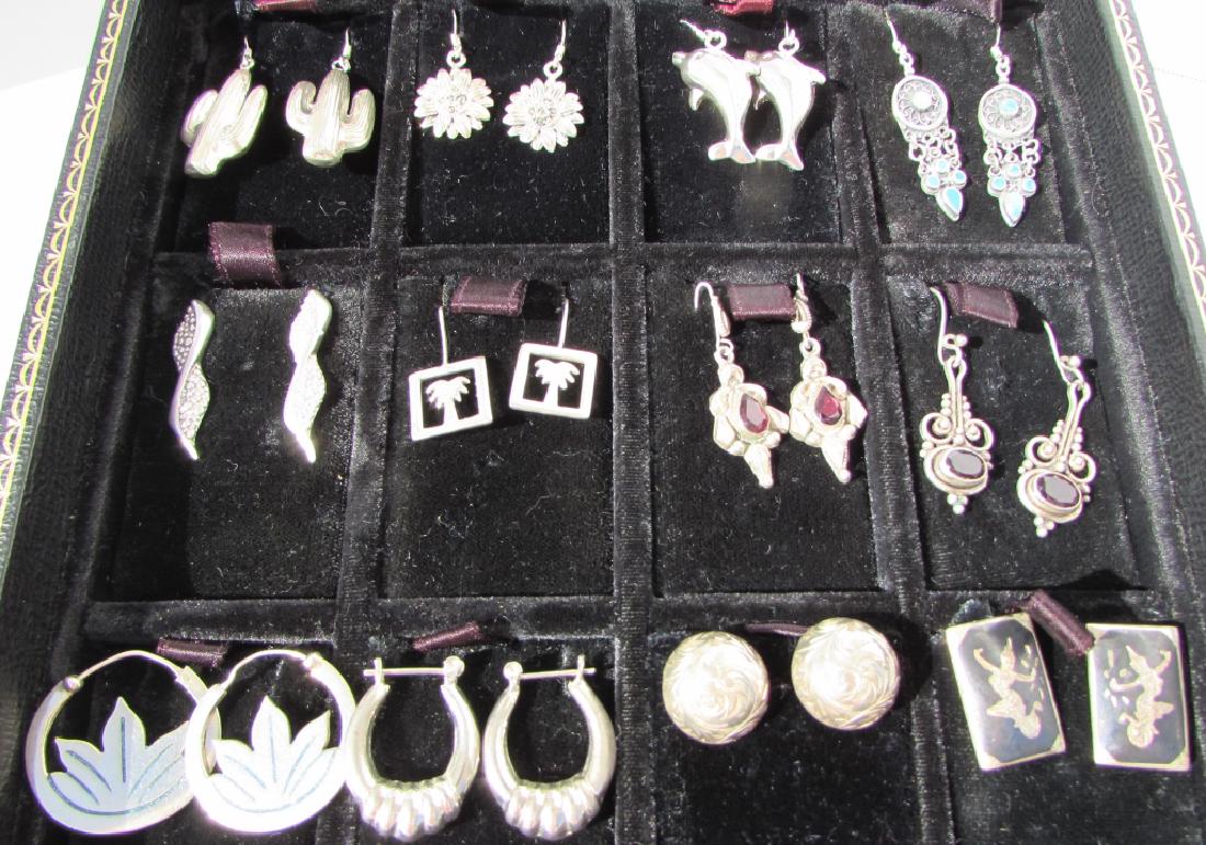 12 PAIR STERLING SILVER EARRINGS ASSORTED ESTATE: CACTUS, MARCASITE FLOWER, DOLPHIN, TURQUOISE DANGLE, PALM TREE, GARNET DANGLE, HOOPS, ENGRAVED 15MM 1/2 BALL SCREWBACK, LEAF HOOP, SIAM,LIGHTING BOLT. EXCELLENT CONDITION, ALL VINTAGE STERLING SILVER.