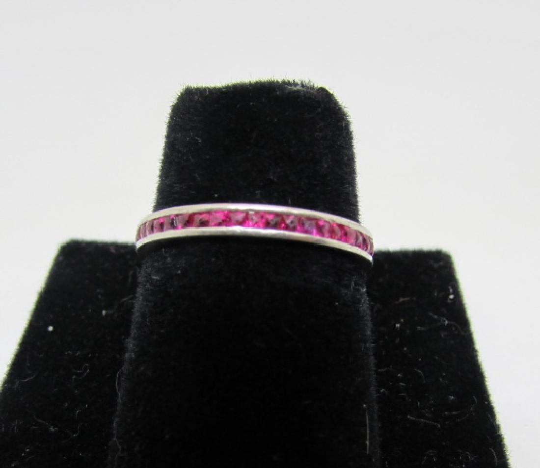 PLATINUM 1CT RUBY ETERNITY WEDDING BAND RING: ALL GENUINE 2MM WIDE ANTIQUE SIZE 5, WEIGHS 1.6 GRAMS. (USA SHIPPING $10)