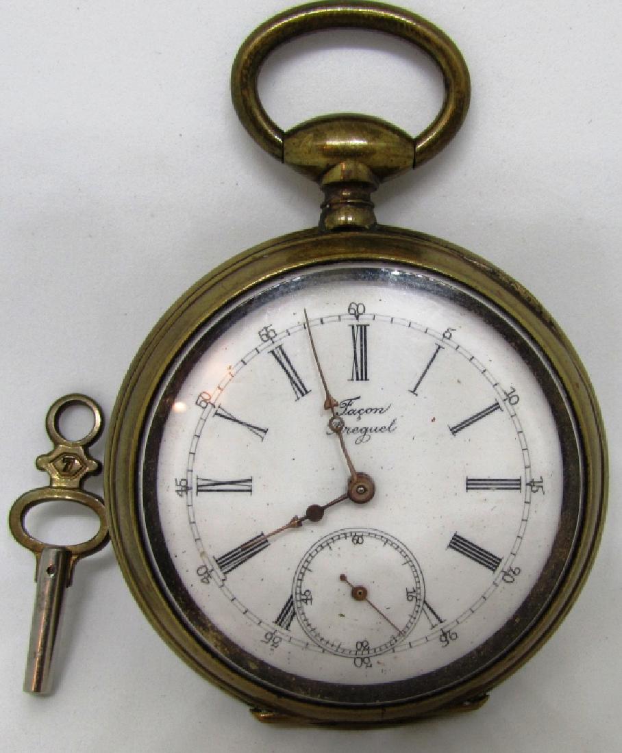 ANCRE FACON BREGUET POCKET WATCH SWISS KEY WIND: ANTIQUE15 JEWEL BRIDGE MOVEMENT, RUNNING, NOT SERVICED. KEY WIND & KEY SET POCKETWATCH, WITH KEY. PAINTED PORCELAIN DIAL, EXCELLENT. MEASURES 53MM ACROSS; ENGRAVED CASE, NO MONOGRAM. NEEDS A CLEANING.