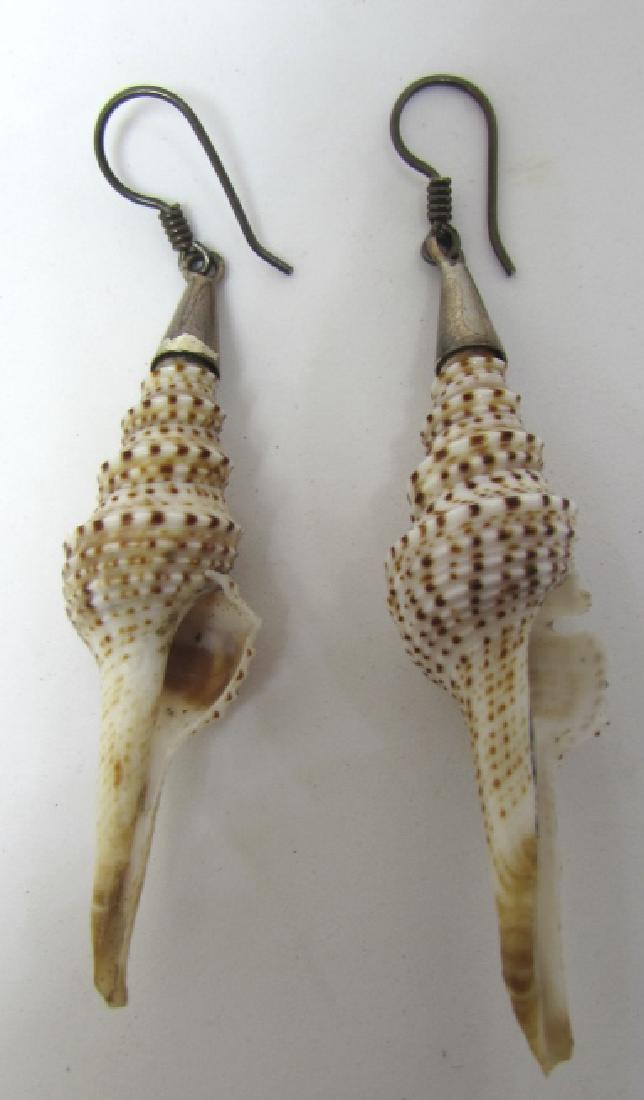 STERLING SILVER SHELL EARRINGS SEASHELL 3" LONG: GENUINE NATURAL SEA SHELL WITH SILVER FINDINGS. EXCELLENT CONDITION. (USA SHIPIING $6)