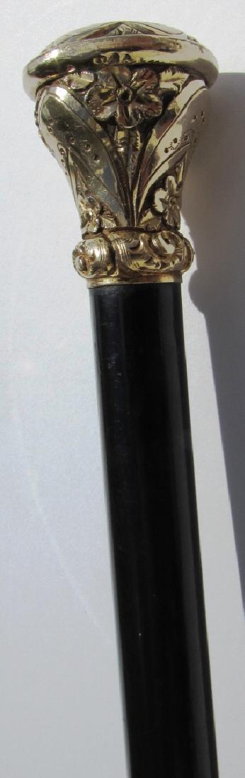 GOLD TOP PRESENTATION CANE EBONY WOOD GENTLEMEN'S: GOLD TOPPED EBONY WOOD PRESENTATION WALKING STICK. 35 5/16" TALL, 1 1/16" WIDE. (USA SHIPPING $20)
