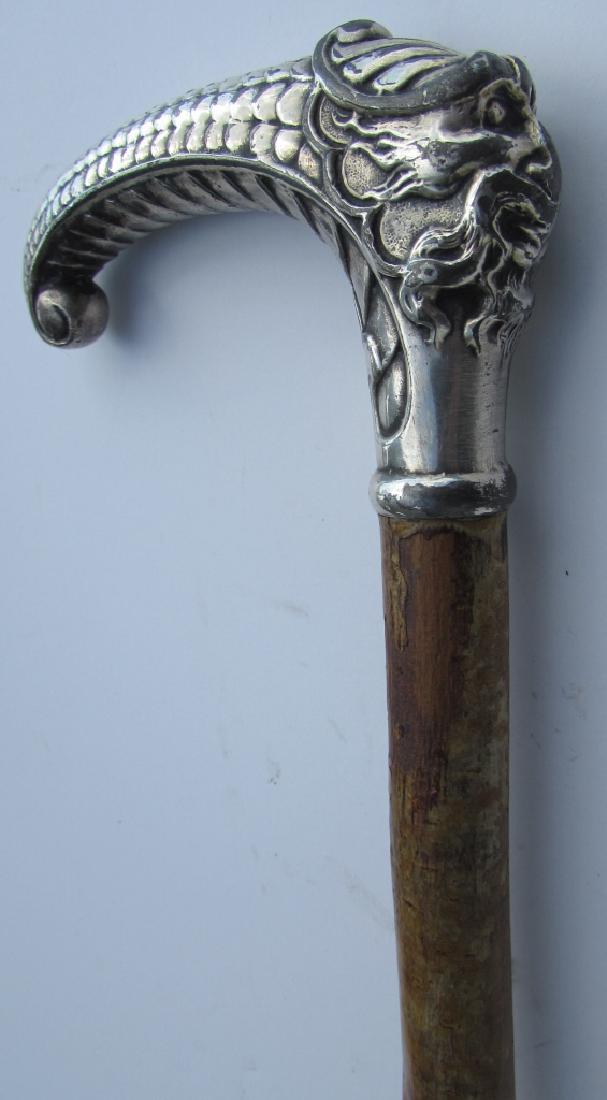STERLING SILVER WOOD CANE ANTIQUE ELM WIZARD?: NORTH WIND OLD MAN STERLING SILVER & WOOD WALKING STICK. 31.5" TALL, TOP IS 4" WIDE. (USA SHIPPING $25)