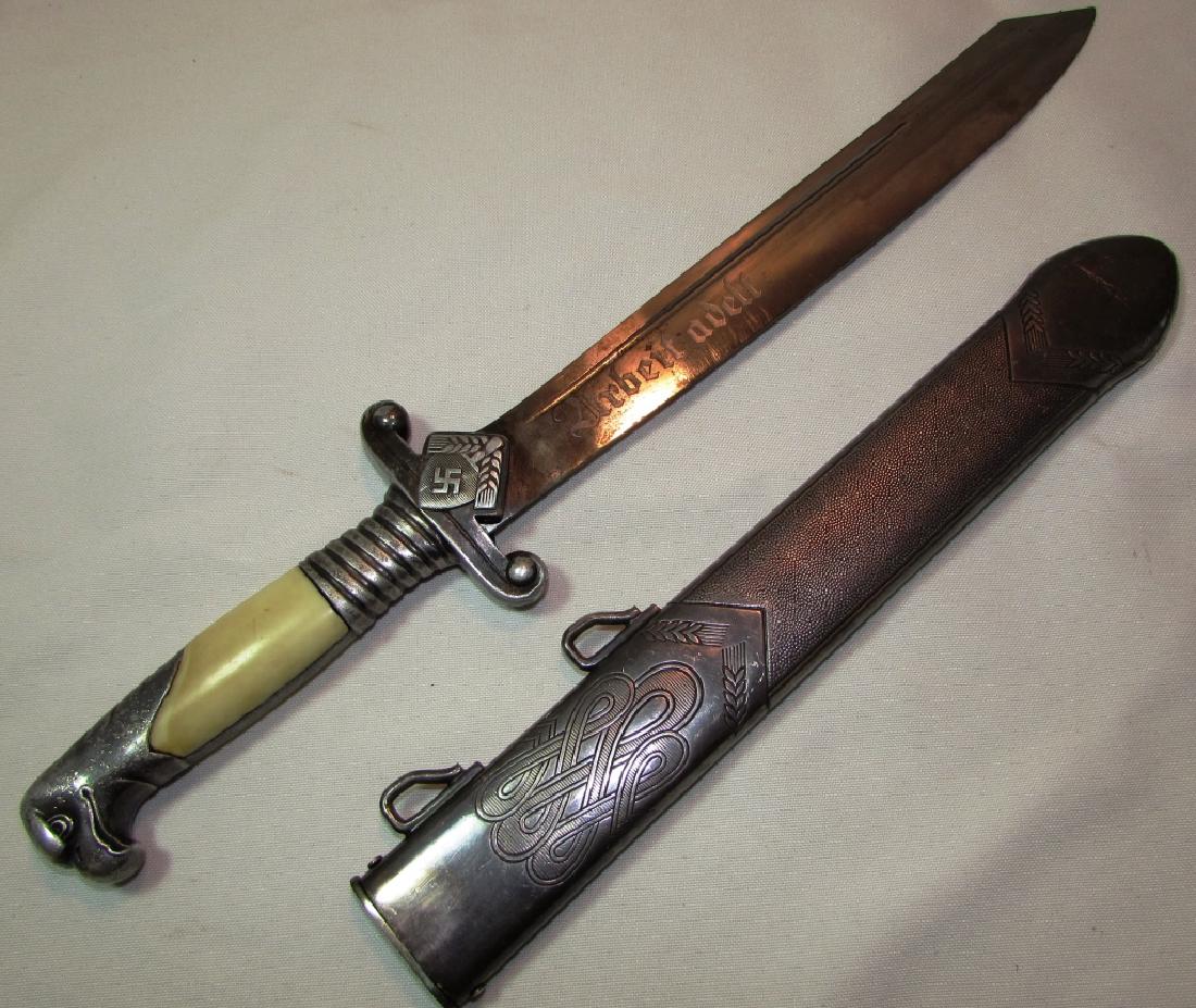 GERMAN WWII ALCOSO SOLINGEN KNIFE RAD DAGGER: WW2 NAZI RAD KNIFE & SCABBARD. 9.75" BLADE, 15" OVERALL.