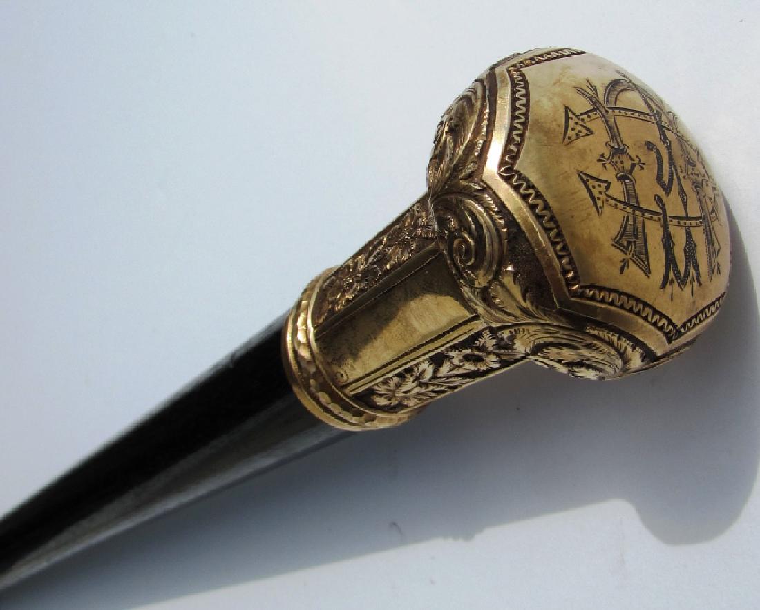 GOLD TOP PRESENTATION CANE EBONY WOOD HUGE: GOLD TOPPED EBONY WOOD WALKING STICK. 34" TALL. TOP IS 1.5" WIDE, 2.5" TALL. (USA SHIPPING $20)