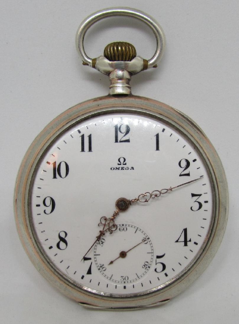 OMEGA POCKET WATCH 800 STERLING SILVER SWISS: PARIS GRAND PRIZE 1900 ANTIQUE POCKETWATCH OMEGA CASE & MOVEMENT. 800 SILVER WITH GOLD TRIM. EXCELLENT ENAMEL DIAL. NO MONOGRAM, SMALL DENTS. STEM WIND STEM SET. SERIAL #4471481. 16 SIZE, MEASURES 52M