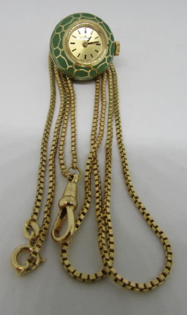 BUCHERER GUILLOCHE BALL WATCH W 30" CHAIN: GREEN WITH GOLD ACCENTS & CHAIN. ALL EXCELLENT CONDITION, NEVER USED.