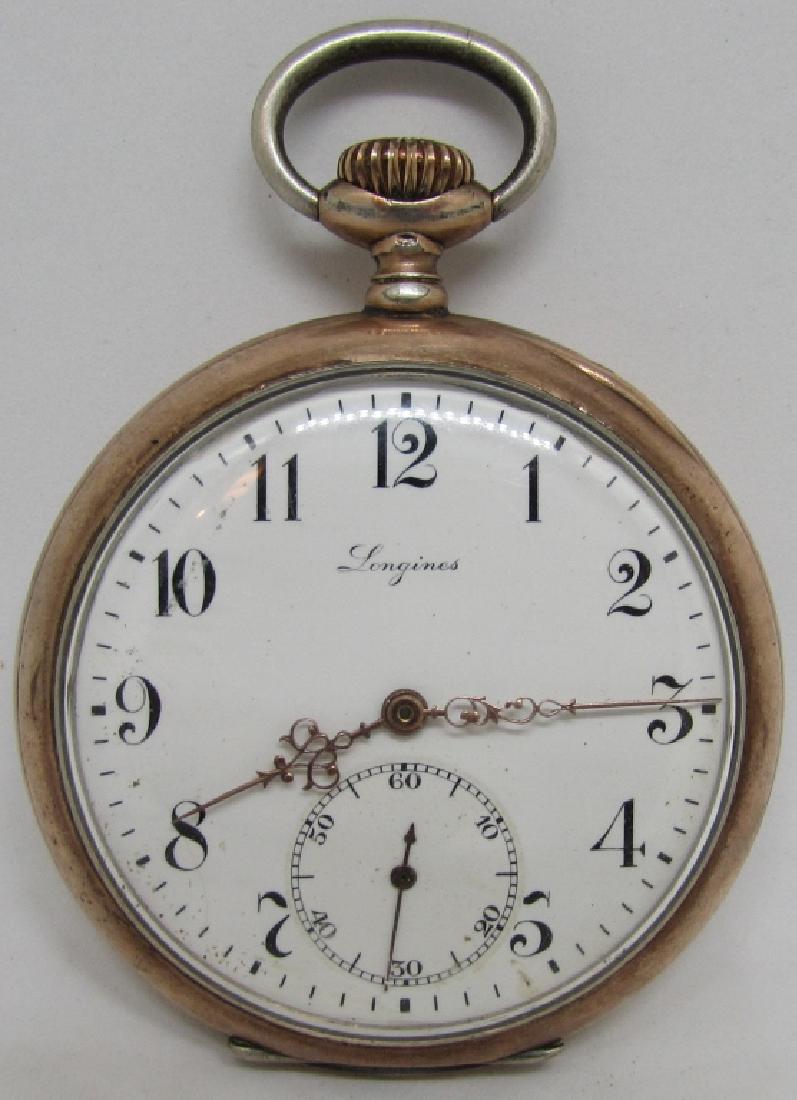 LONGINES POCKET WATCH GOLD & 800 STERLING SILVER: ANTIQUE "7 GRAND PRIX" POCKETWATCH SIZE 51MM ACROSS. MOVEMENT SERIAL # 3887016. RUNNING, NOT SERVED. EXCELLENT CONDITION CASE & DIAL, NO MONOGRAM. ENAMEL DIAL HAS SPOTS.