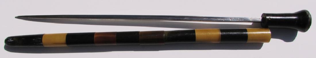DAGGER CANE HORN SWORD SWAGGER STICK 4 EDGED: HAND MADE SELF DEFENSE KNIFE WEAPON. SIGNED BY CREATOR. SQUARED 12.5" IMPALING BLADE, HORN SCABBARD & POMMEL. SOLID, THICK METAL BLADE. 15" OVERALL. (USA SHIPPING $18)