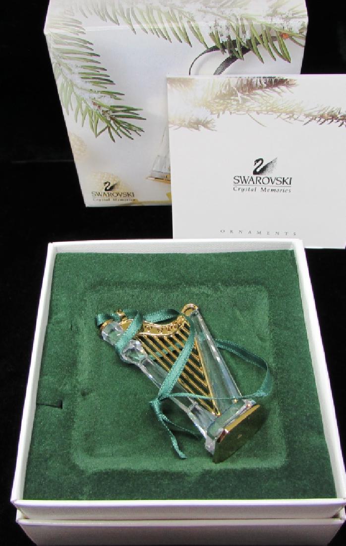 SWAROVSKI CRYSTAL MEMORIES HARP NEW IN BOX 1999: CHRISTMAS ORNAMENT OR DOLL HOUSE FURNITURE ACCESSORY. HALLMARKED 2 1/4 INCH TALL . PERFECT CONDITION WITH BOOK & BOXES. (USA SHIPPING $6)